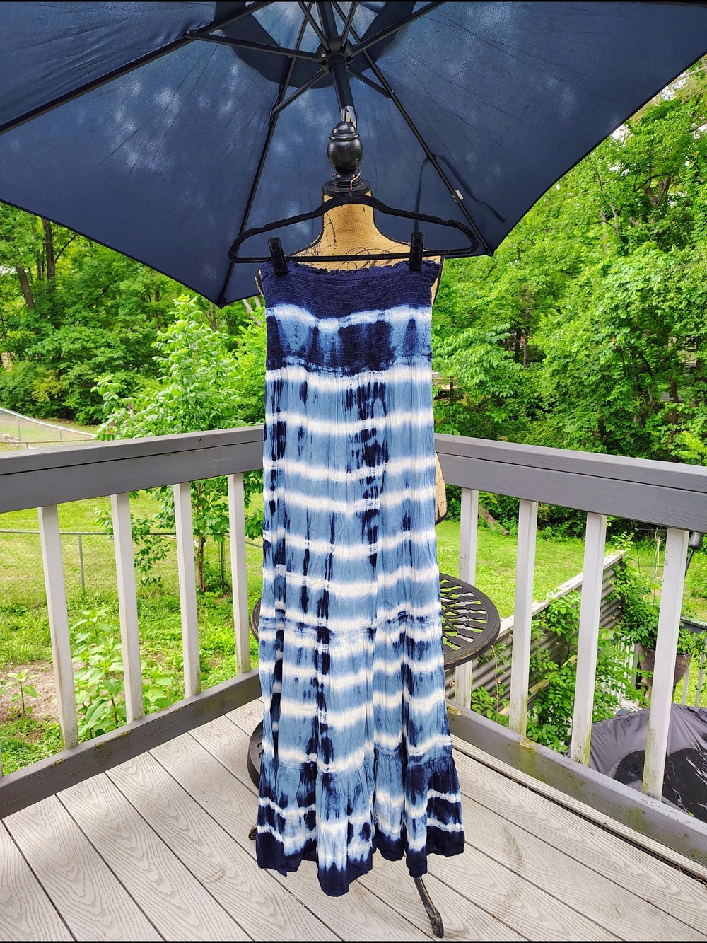 Aerie strapless maxi dress in blue and white tie dye